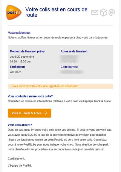 Exemple du mail Track and trace de PostNL