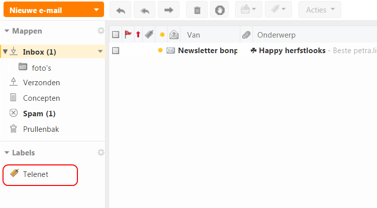 screenshot van Telenet Webmail