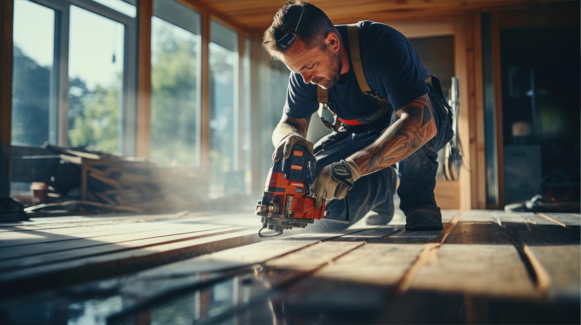Worker uses drill, Construction builder cuts concrete floor for electrical cable. Install underfloor heating