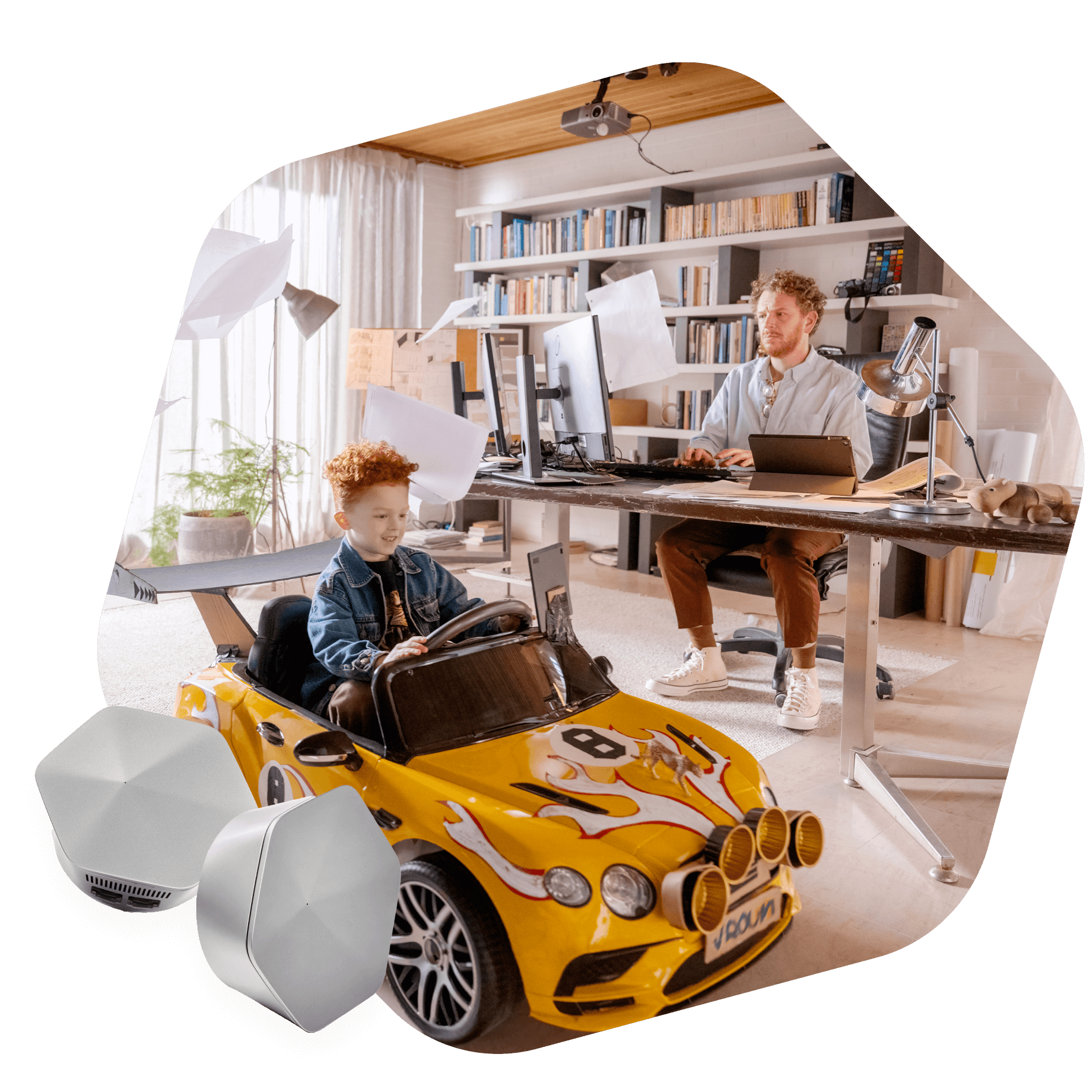 Wifi-pods - kid driving in toy car at the office