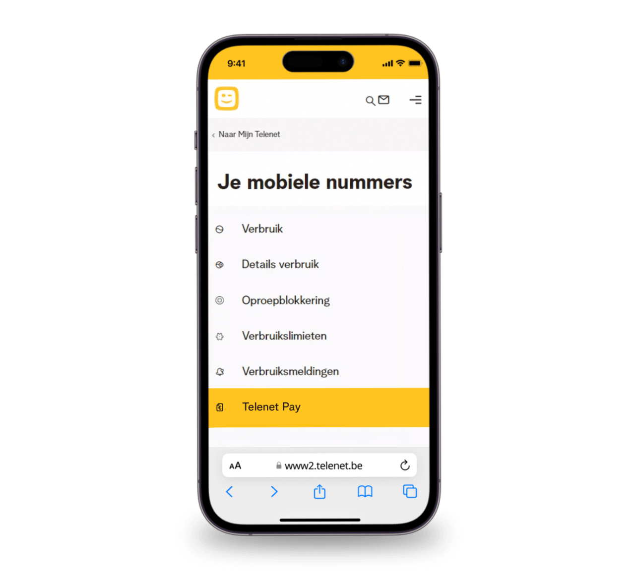 Een smartphone met Mijn Telenet en een overzicht van je mobiele nummers met Telenet Pay als optie.