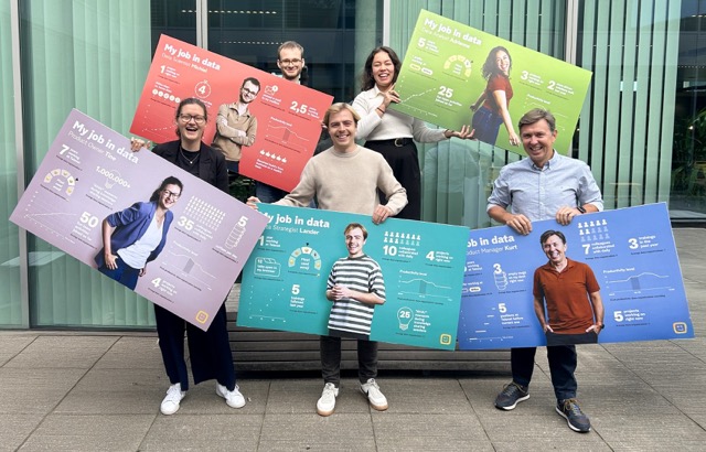 5 colleagues holding info dashboards