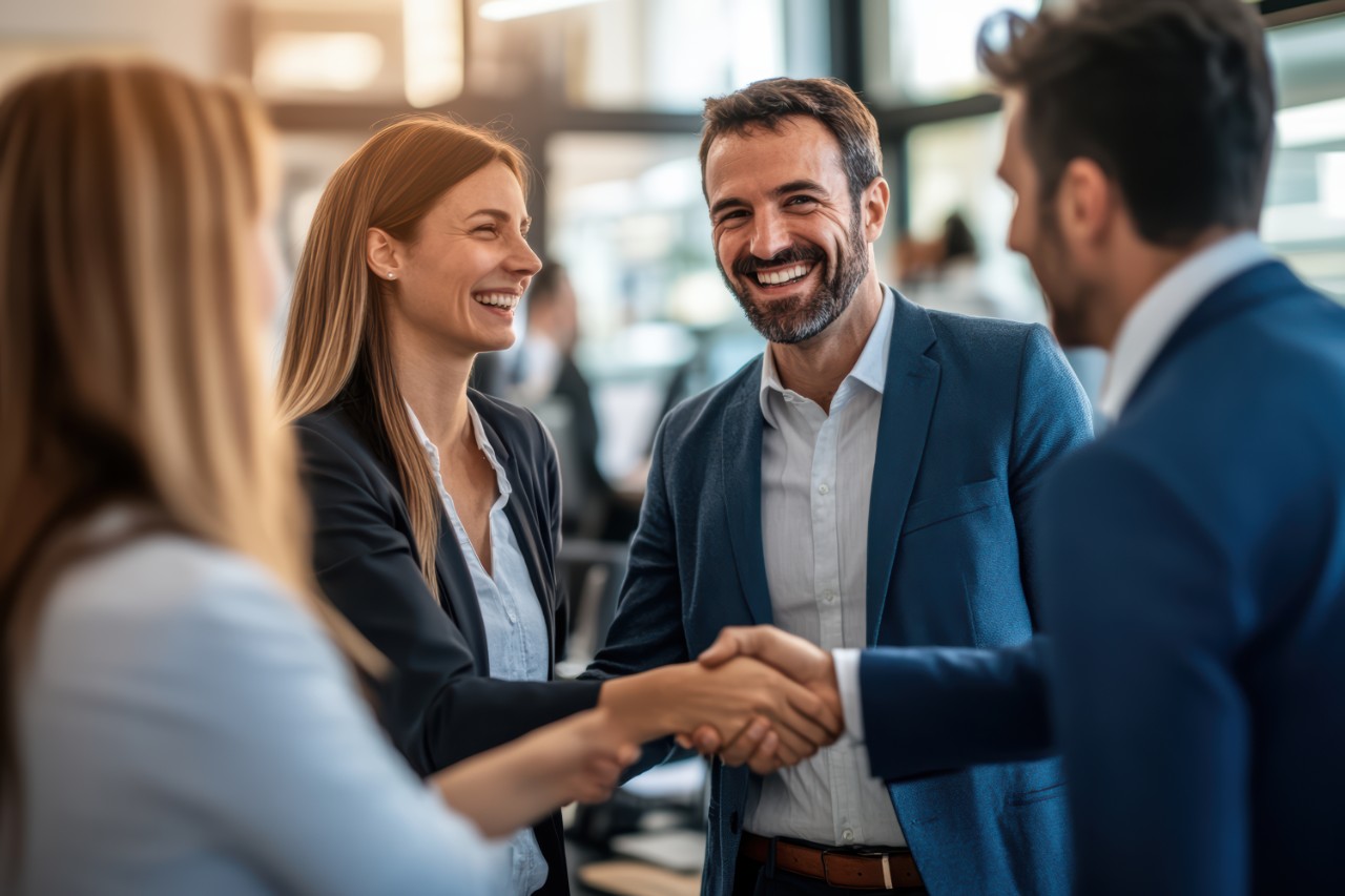 Business professionals meet for the first time at a conference, exchanging smiles and handshakes as they introduce themselves. The environment is welcoming and conducive to networking.