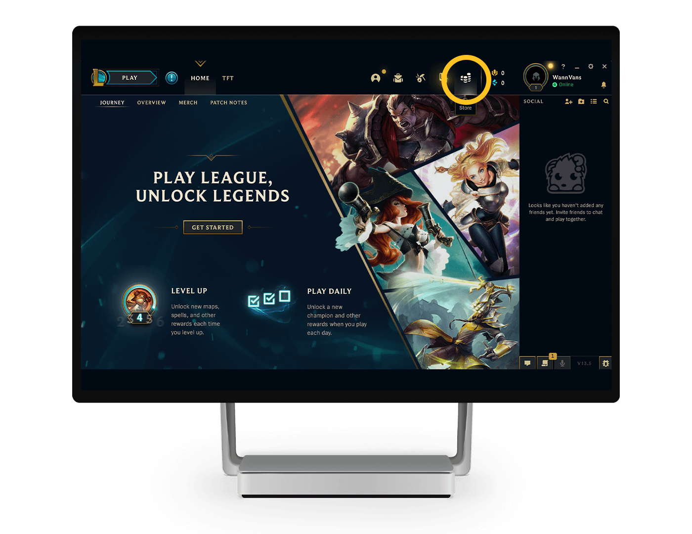 De homepage van League Of Legends met het store icoon omcirkeld.