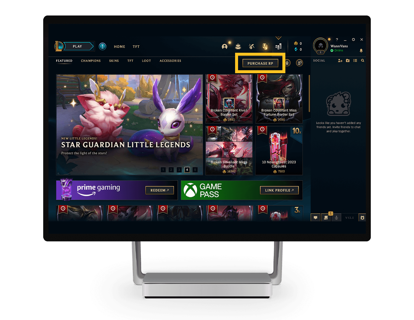 De League Of Legends store met "Purchase RP" omcirkeld.