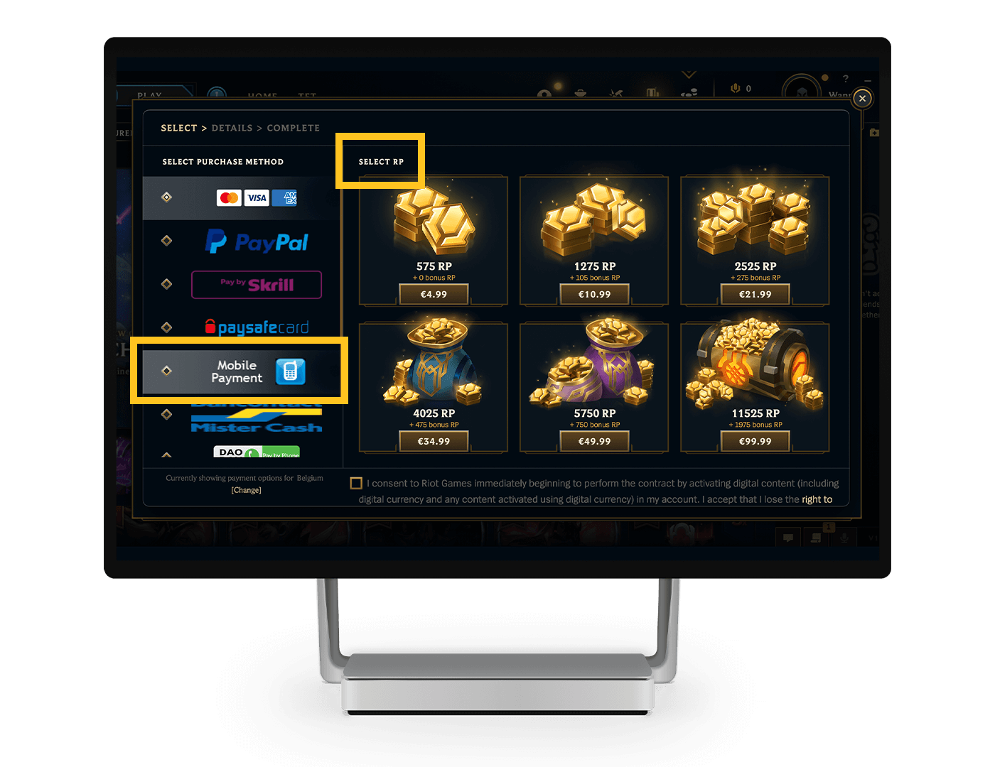 De League Of Legends store met "Purchase RP" en "Mobile Payment" omcirkeld.