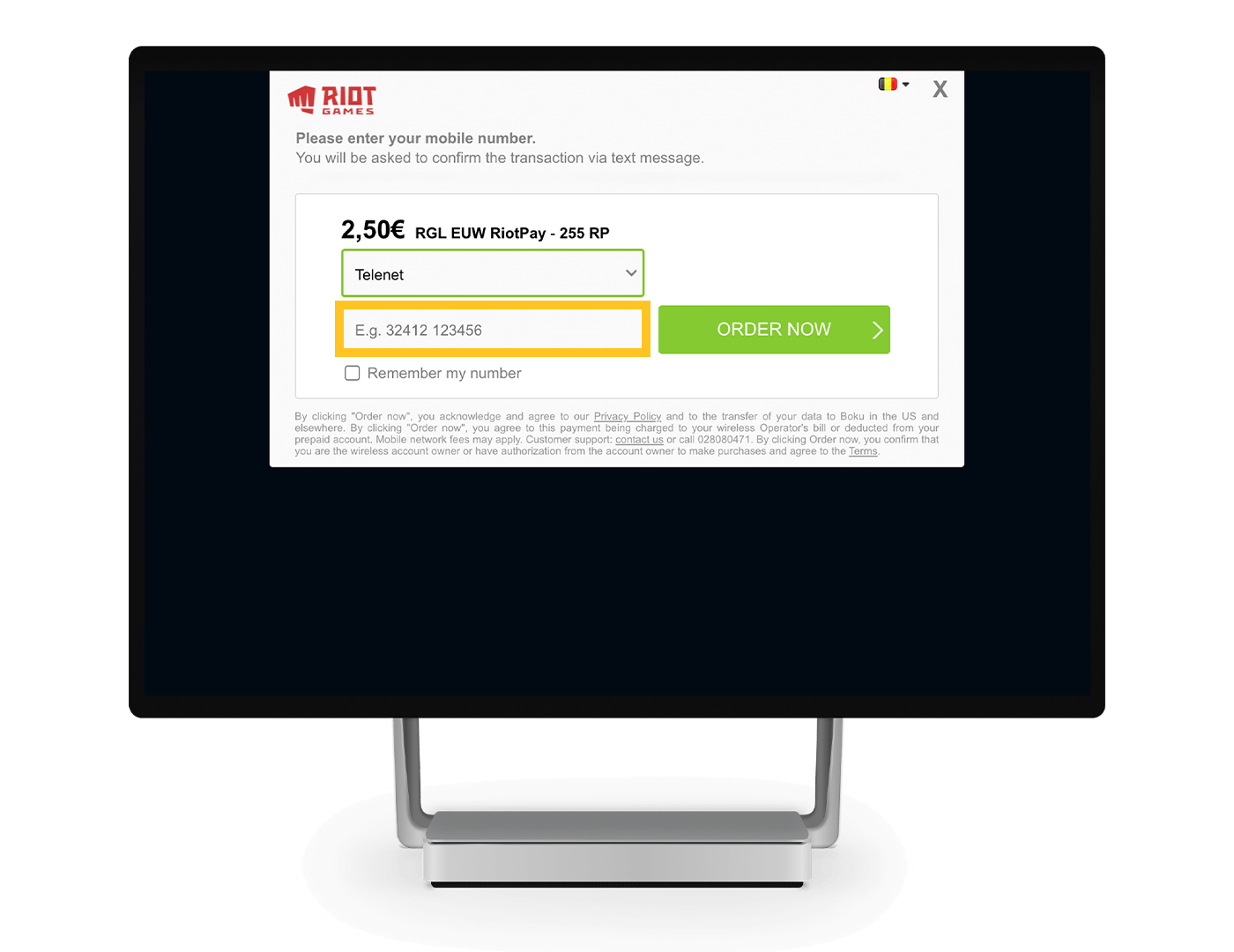 Een Riot Games venster waar je je mobiele nummer kan ingeven en kan bestellen.