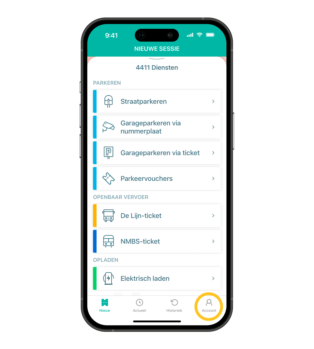 Smartphone met het 4411 dashboard waar account omcirkeld staat in de navigatiebalk