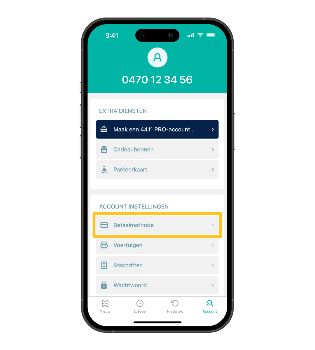 Smartphone met de 4411 account instellingen waar betaalmethode kiest.