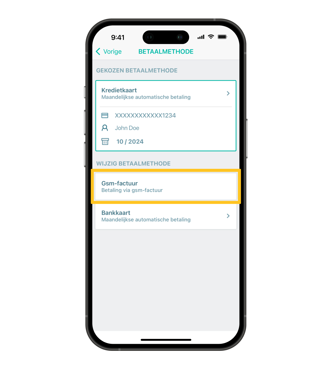 Smartphone waar je de 4411 betaalmethode kan wijzigen naar Gsm-factuur.
