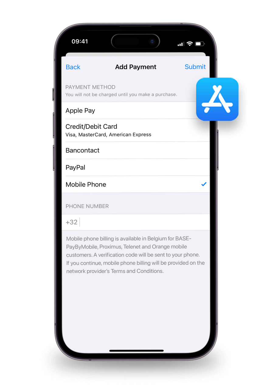 Een Smartphone met een App Store icoon en de mogelijkheid om mobiele telefonie toe te voegen als betaaldmethode.