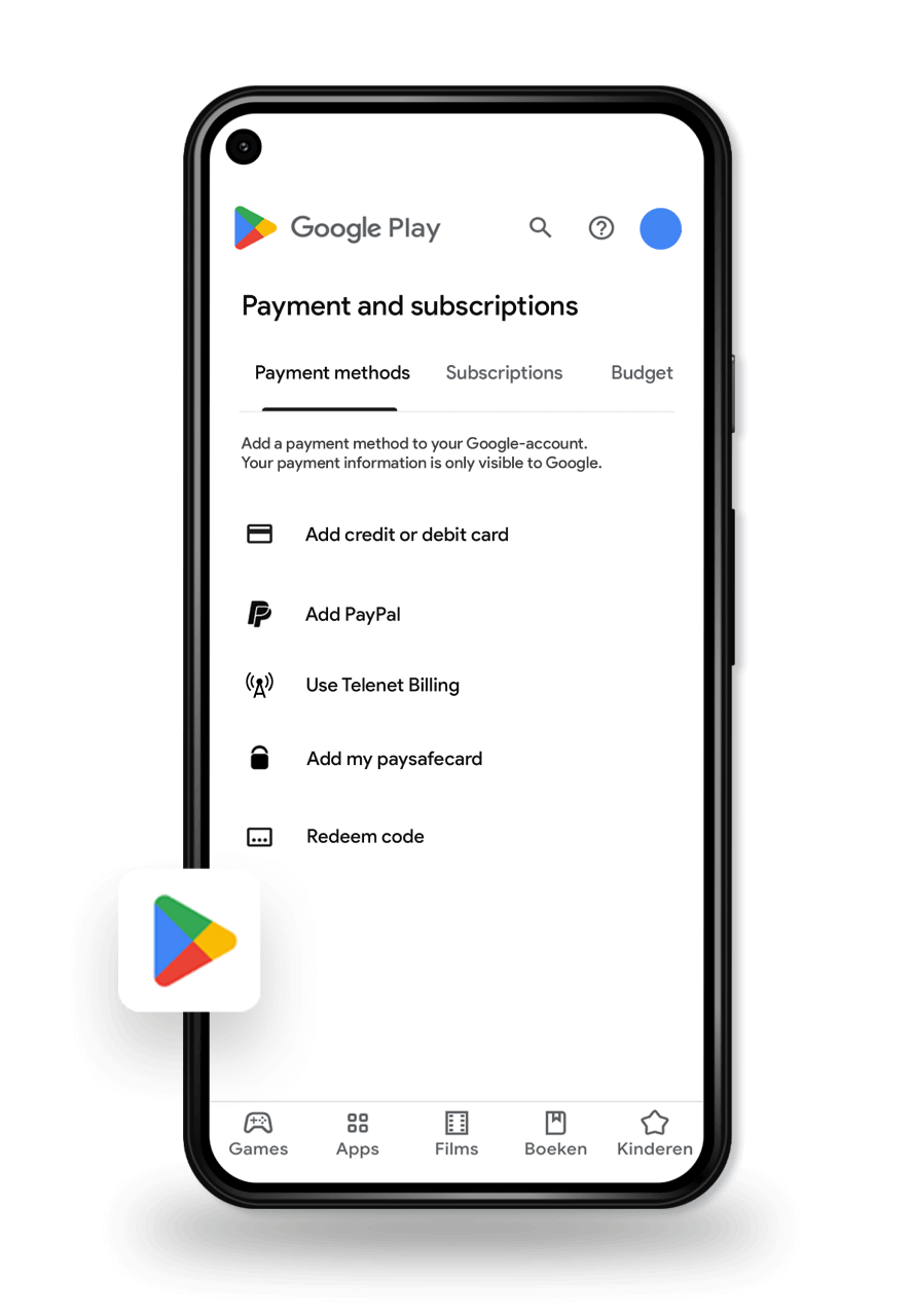Een Smartphone met Google play en de mogelijkheid om een nieuwe betaalmethode toe te voegen.