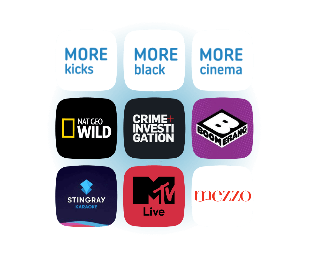 More kicks, More black, More Cinema, National Geographic Wild, Crime+ Investigatioin, Boomerang, Stingray karaoke, MTV Live, Mezzo bij Play More